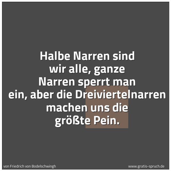 Spruchbild mit dem Text 'Halbe Narren sind wir alle,
ganze Narren sperrt man ein,
aber die Dreiviertelnarren
machen uns die größte Pein.'