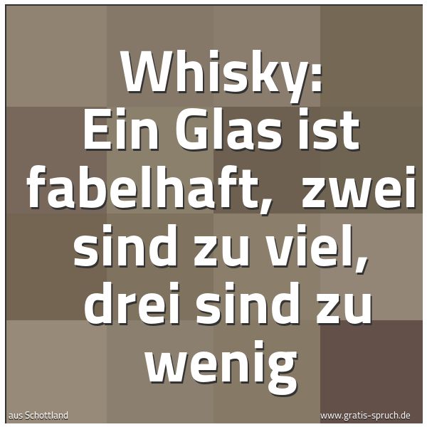 Spruchbild mit dem Text 'Whisky:
Ein Glas ist fabelhaft, 
zwei sind zu viel, 
drei sind zu wenig'