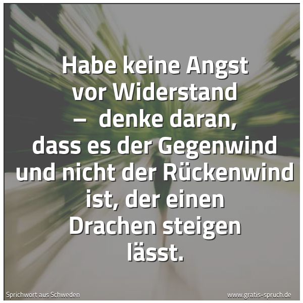 Spruchbild mit dem Text 'Habe keine Angst vor Widerstand – 
denke daran, dass es der Gegenwind und nicht der Rückenwind ist, der einen Drachen steigen lässt.'