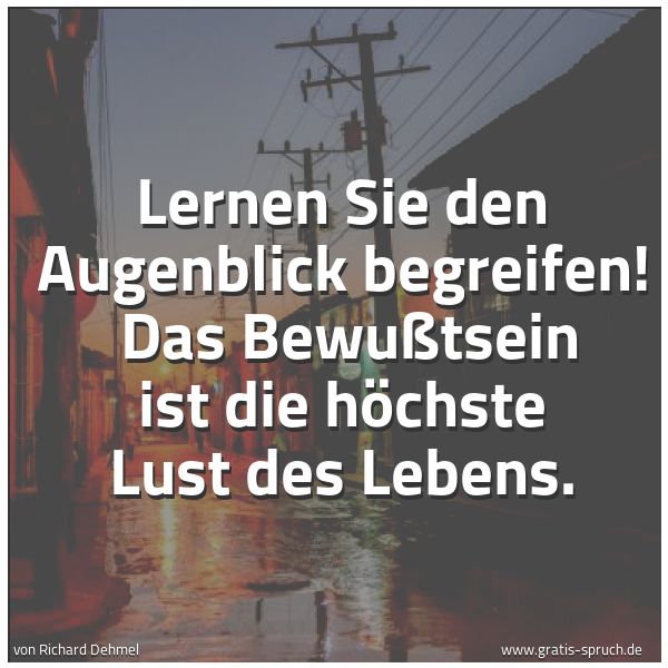 Spruchbild mit dem Text 'Lernen Sie den Augenblick begreifen! 
Das Bewußtsein ist die höchste Lust des Lebens.'