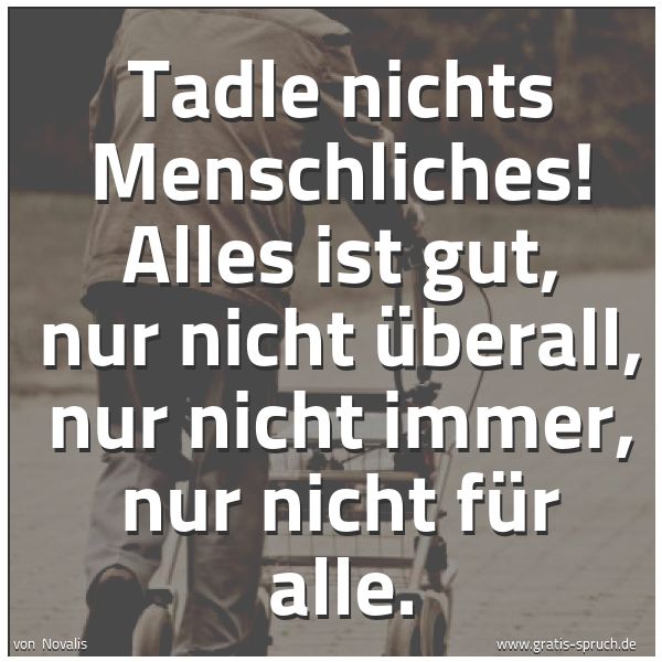 Spruchbild mit dem Text 'Tadle nichts Menschliches!
Alles ist gut, nur nicht überall,
nur nicht immer,
nur nicht für alle.'