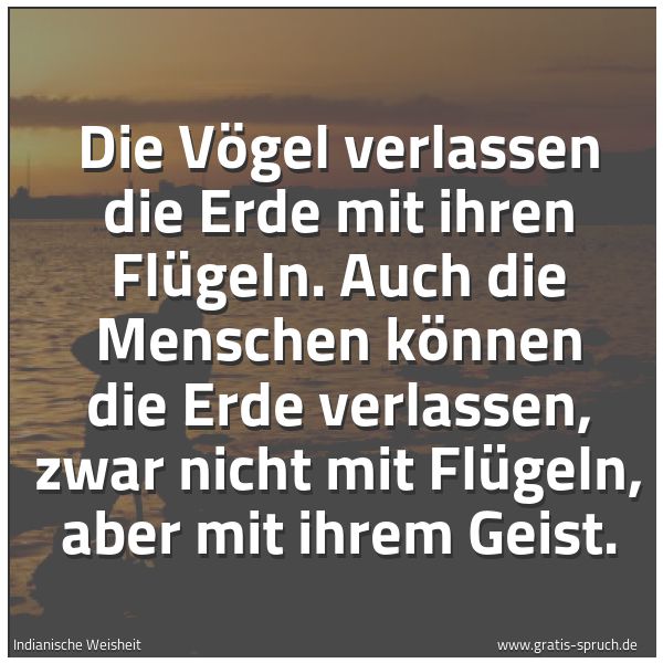 Spruchbild mit dem Text 'Die Vögel verlassen die Erde  mit ihren Flügeln.
Auch die Menschen  können die Erde verlassen,
zwar nicht mit Flügeln, aber mit ihrem Geist.
'