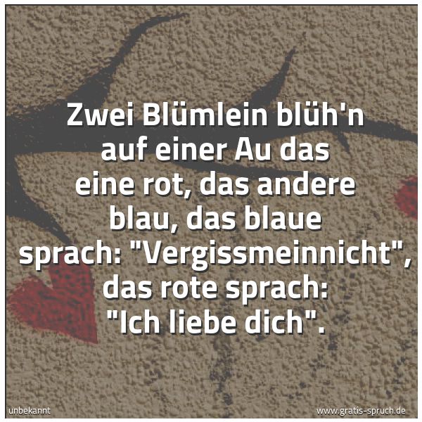 Spruchbild mit dem Text 'Zwei Blümlein blüh'n auf einer Au
das eine rot, das andere blau,
das blaue sprach: 'Vergissmeinnicht',
das rote sprach: 'Ich liebe dich'.'