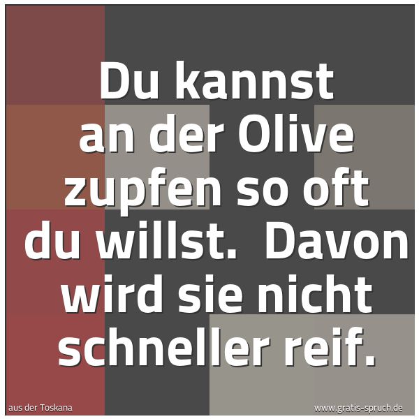 Spruchbild mit dem Text 'Du kannst an der Olive zupfen so oft du willst. 
Davon wird sie nicht schneller reif. '