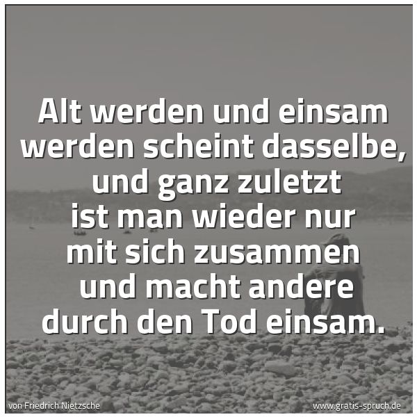 Spruchbild mit dem Text 'Alt werden und einsam werden scheint dasselbe, 
und ganz zuletzt ist man wieder nur mit sich zusammen 
und macht andere durch den Tod einsam.'