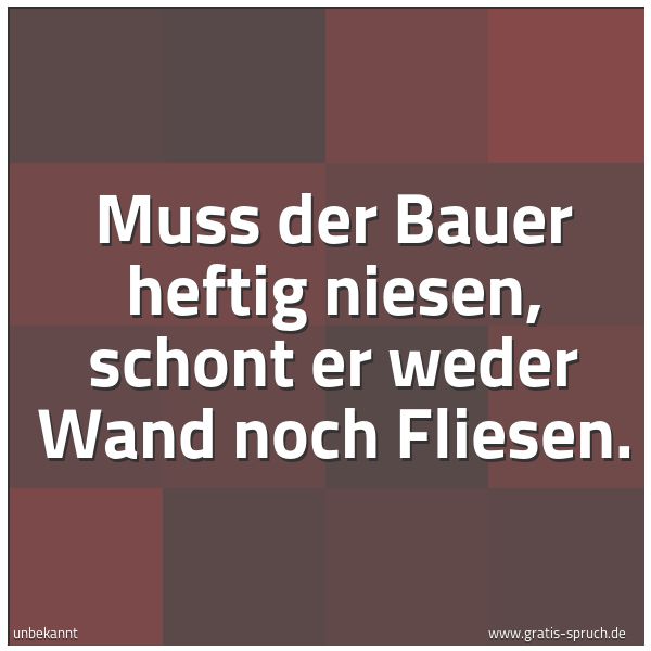 Spruchbild mit dem Text 'Muss der Bauer heftig niesen,
schont er weder Wand noch Fliesen.

'