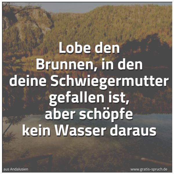 Spruchbild mit dem Text 'Lobe den Brunnen, in den deine Schwiegermutter gefallen ist, aber schöpfe kein Wasser daraus'