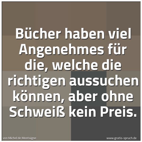 Spruchbild mit dem Text 'Bücher haben viel Angenehmes für die,
welche die richtigen aussuchen können,
aber ohne Schweiß kein Preis.'
