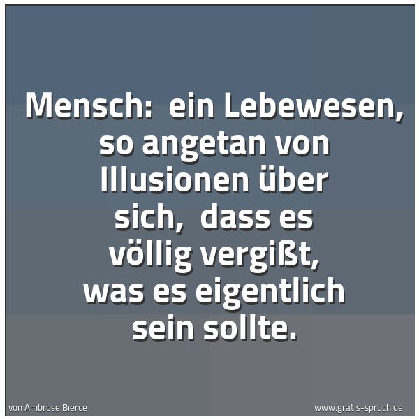 Spruchbild mit dem Text 'Mensch: 
ein Lebewesen, so angetan von Illusionen über sich, 
dass es völlig vergißt, was es eigentlich sein sollte.'
